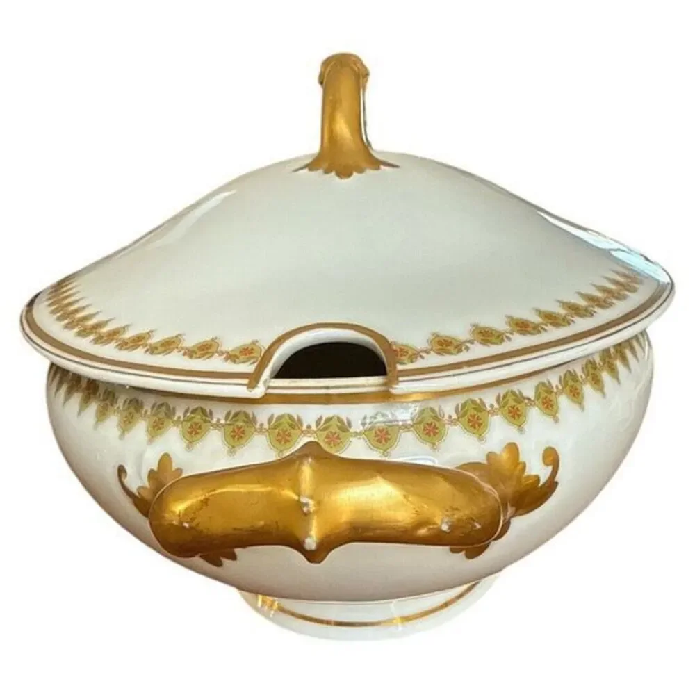 Haviland Limoges Antique Oval Tureen w Lid Serving Bowl Gold‎ Rim Green Vine